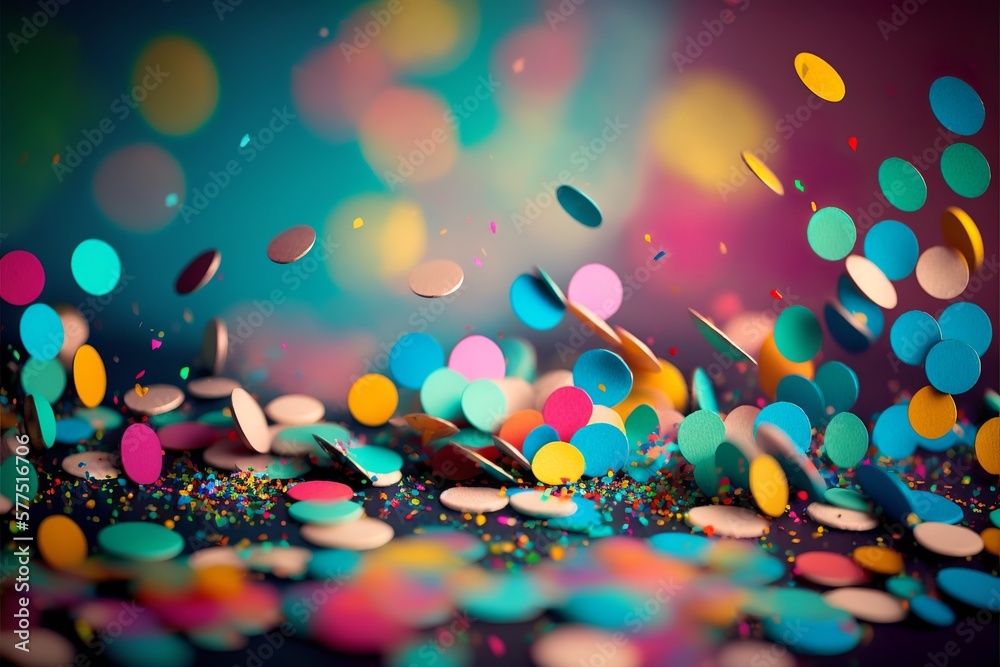 Colorful confetti in front of colorful background with bokeh, Generative AI