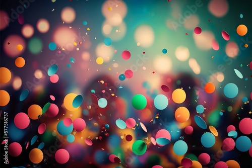 Colorful confetti in front of colorful background with bokeh, Generative AI