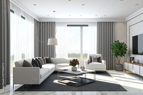 Panoramic living room corner with white walls  large windows with gray curtains  a gray sofa near a coffee table  and a dining room table in the background. Generative AI