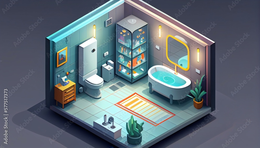An isometric view of a bathroom with a smart mirror that displays weather and news updates. Generative AI An isometric view of a bathroom with a smart mirror that displays weather and news updates. Generative AI