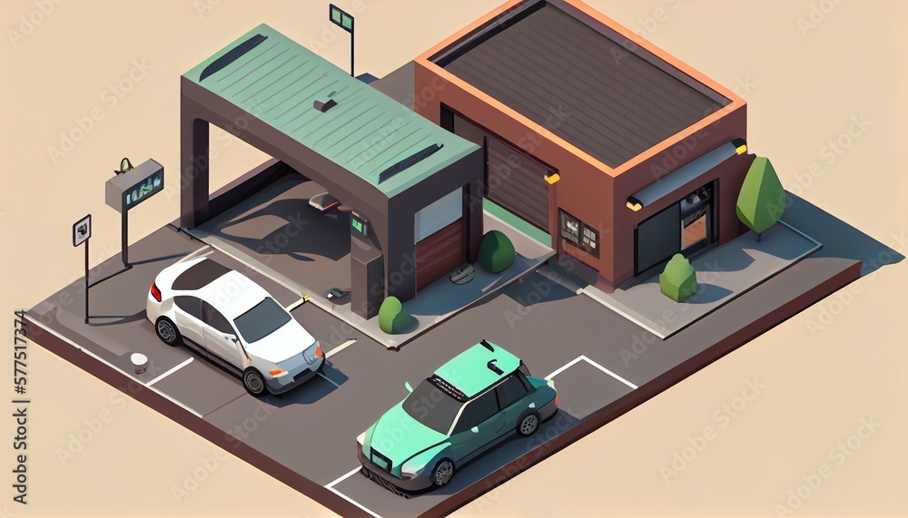 An isometric view of a garage with a smart car charging station and automated parking system. Generative AI