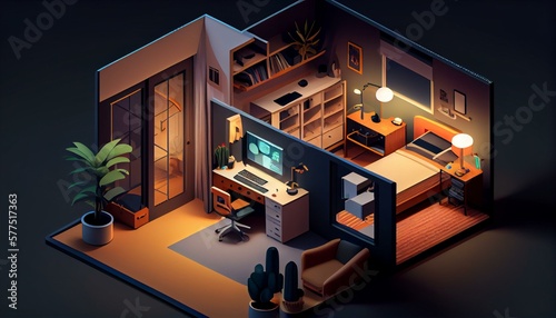 An isometric view of a home office with a smart desk that adjusts to your posture and lighting. Generative AI