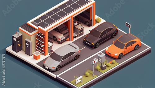 An isometric view of a garage with a smart car charging station and automated parking system. Generative AI
