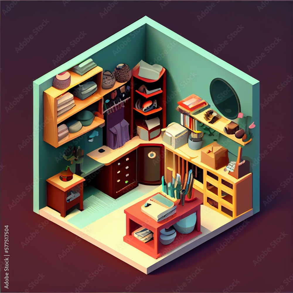 An isometric view of a craft room with tools and materials organization systems. Generative AI