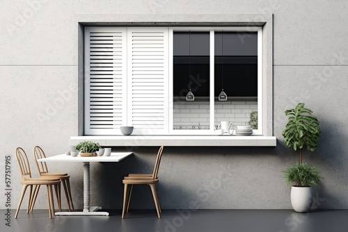 Exterior plaster wall with white window with shutters, showing interior modern kitchen with table, blank background with copy space, architecture design concept, illustration. Generative AI