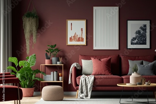 Interior of a minimalist living room in flat single pastel dark red, maroon color, with furniture and plants in the room and 8 frames on the wall. Generative AI