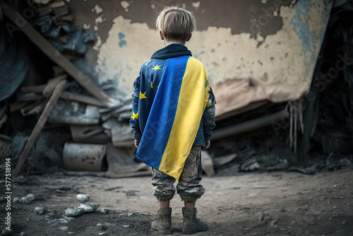 Generative AI illustration of a Ukrainian boy carrying the flag of Ukraine and the European Union on his back in a field destroyed by war