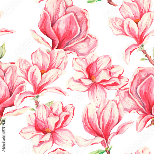 Watercolor seamless pattern. Watercolor floral pattern. Magnolia ornament. Design with magnolia flowers. Print for textile  home decor  fabric  background  package  wrapping paper  festive decor.