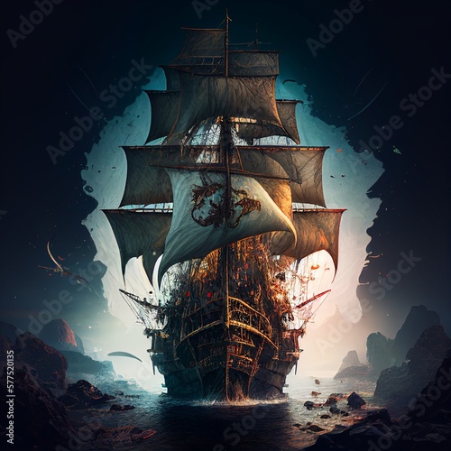 Murais de parede A huge warship with white sails and a dragon on them in a fantasy style