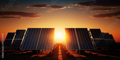 many solar panels at sunset. generative ai photo