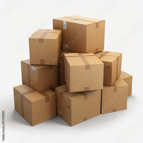 variety of brown cardboard boxes and parcels on white background. generative ai