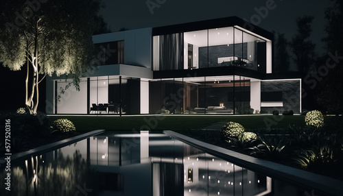 View of swimming pool in front of a modern house at night. Modern luxury house and garden. generative ai 