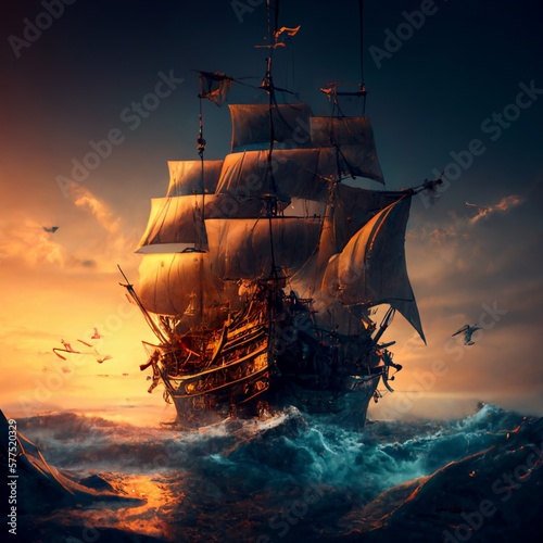Fotografia A huge warship with white sails sailing in a storm, in a fantasy style