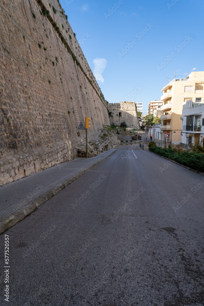 Ibiza city walls, without people or cars on a sunny day.