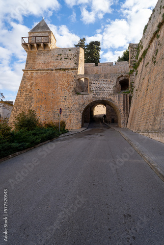 Walls of the old town of Ibiza, with a gate, on a sunny day without people.