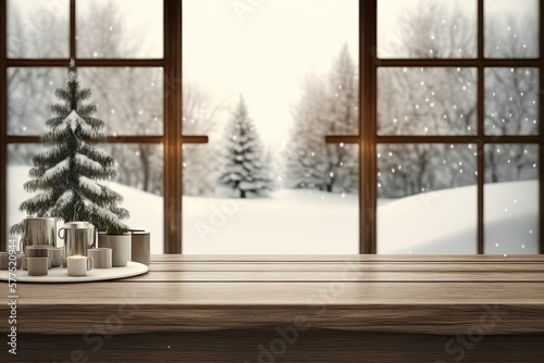 Empty wooden table, desk or shelf with blurred view of Christmas living room with tree and fireplace, panoramic windows on winter landscape, modern interior design concept, illustration. Generative AI