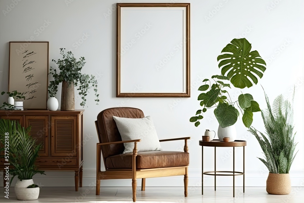 Fototapeta premium Minimalist composition of living room with brown mock up picture frame, plant, retro armchair, dried tropical leaf, decoration and elegant personal accessories in stylish home decor. Template