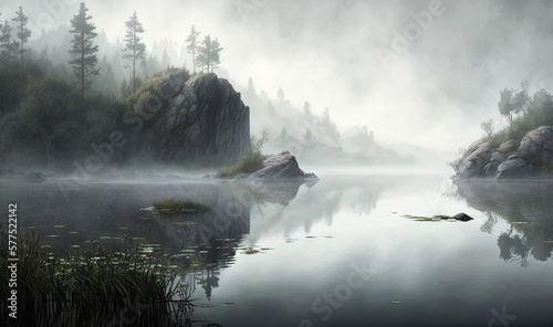  a foggy lake surrounded by trees and a large rock. generative ai