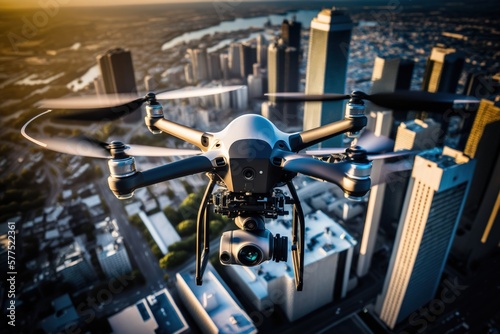 A drone flies over the city. Generative AI.