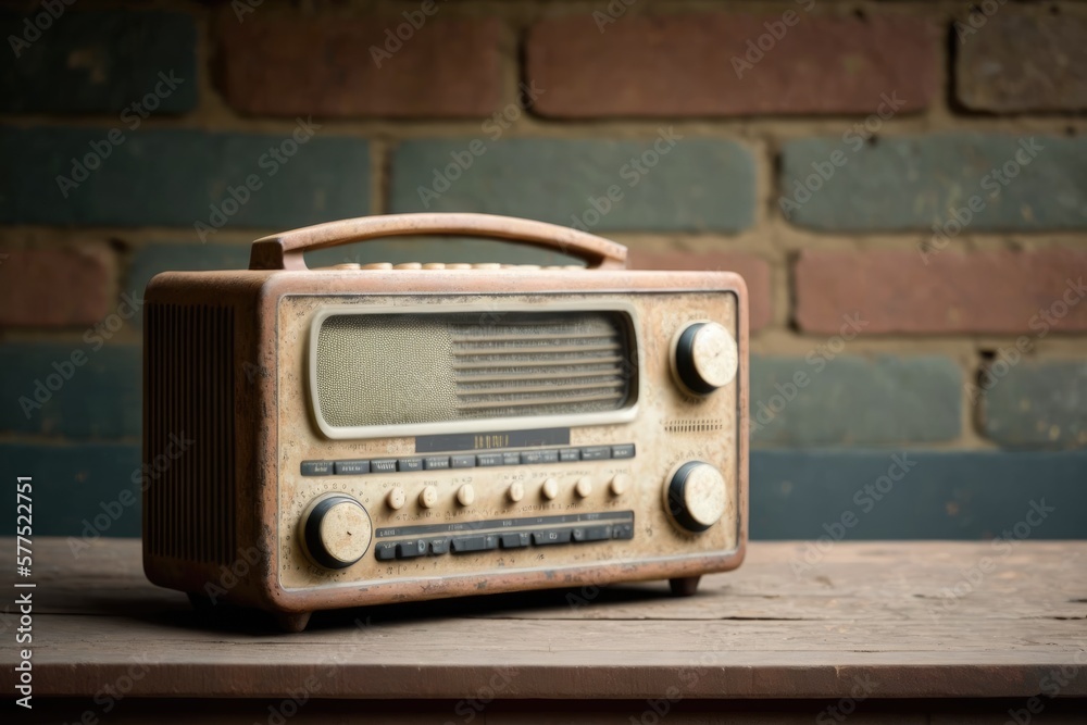 Fototapeta premium Vintage radio on wood Table over Brick wall. For Graphic or Product Montage. Generative AI