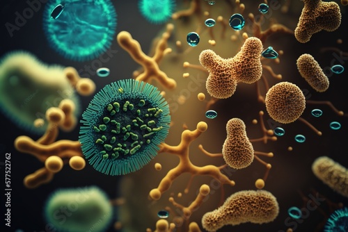 Macro close up shot of bacteria and virus cells in a scientific laboratory petri dish. Generative AI.