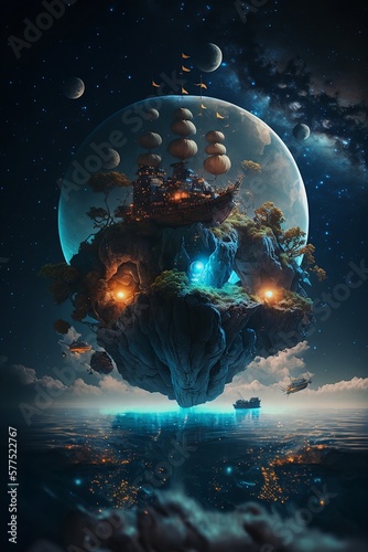 Floating and glowing island in space illustration created using generative AI. © Mario