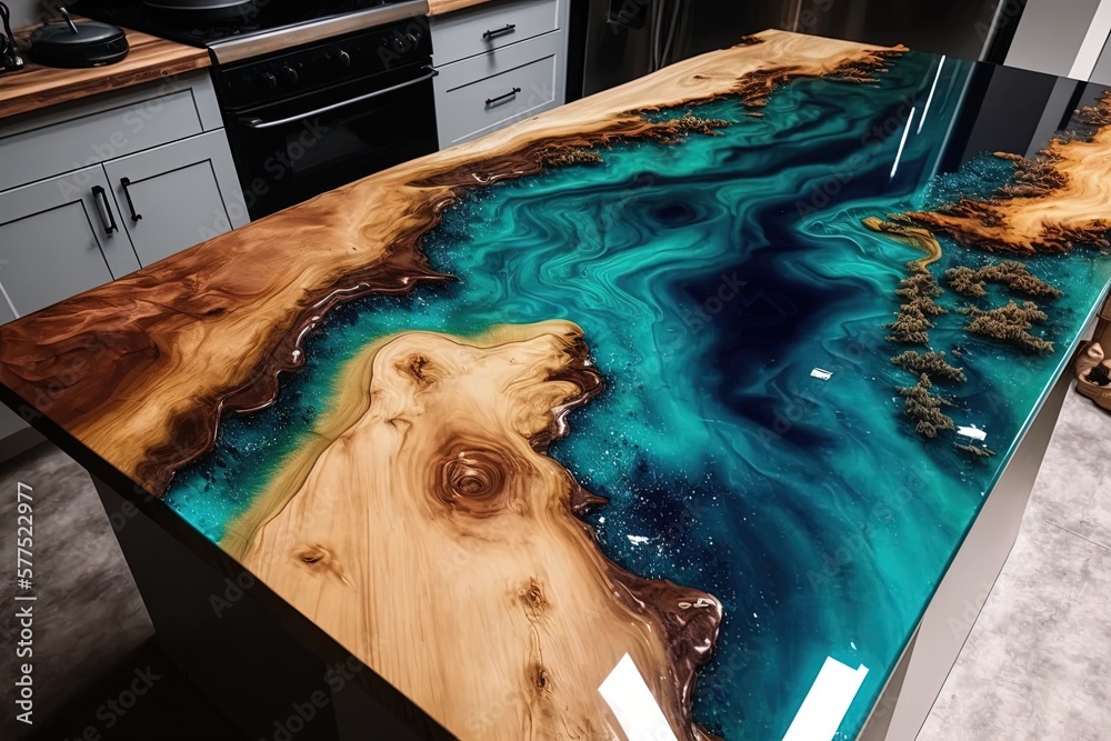 Premium AI Image  Sleek modern blue coffee maker on a wooden kitchen  countertop Generative AI