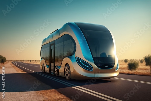Driverless autonomous bus on the road. Generative AI. © Bargais