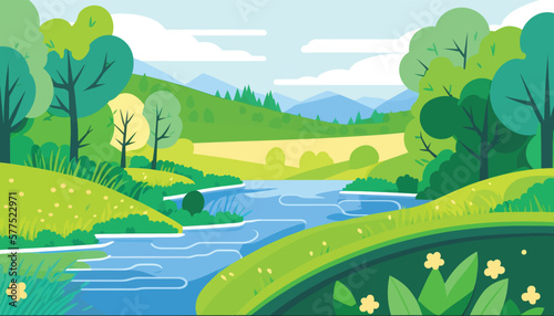 Spring or summer landscape with field  green hills  river and forest. Vector illustration in trendy flat simple style. Background for banner  greeting card or poster