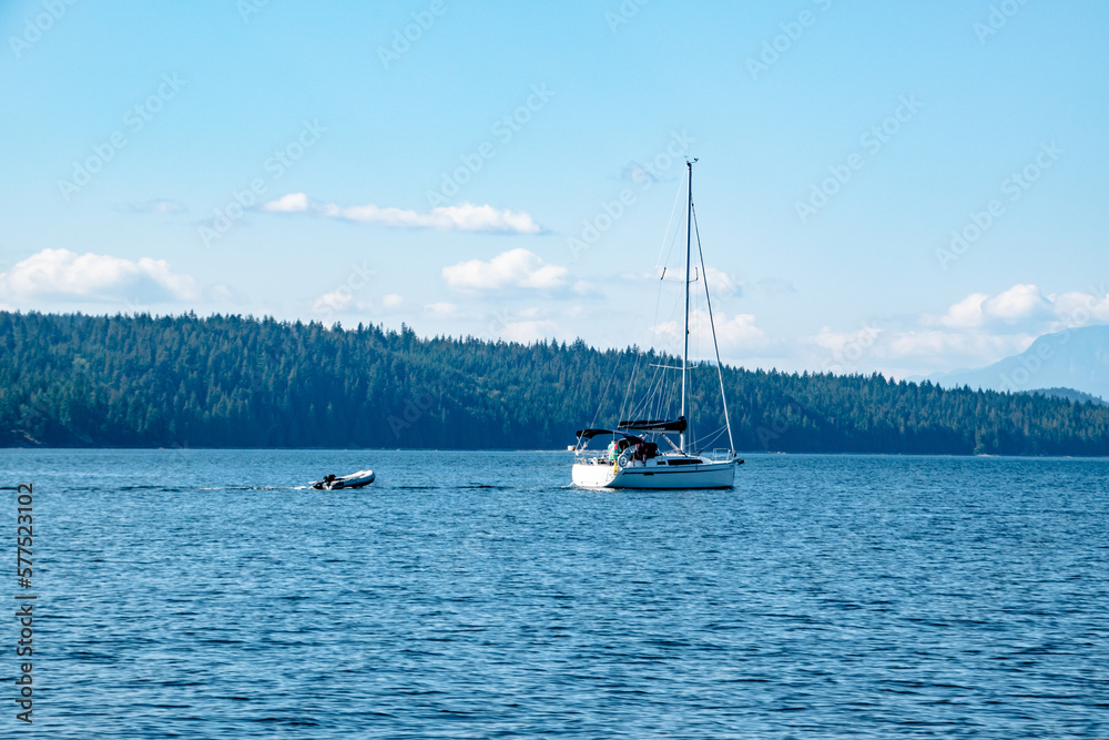 Sailboat on Summer Day Along Strait of Georgia in Vancouver Island, British Columbia, Canada
