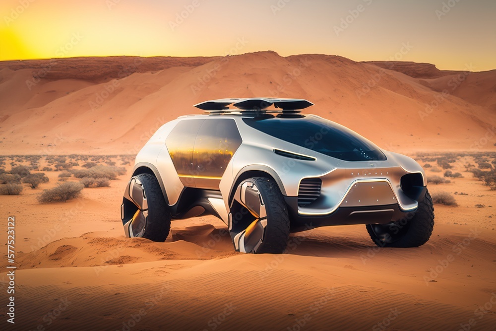 Futuristic electric smart SUV car in the desert. Generative AI.