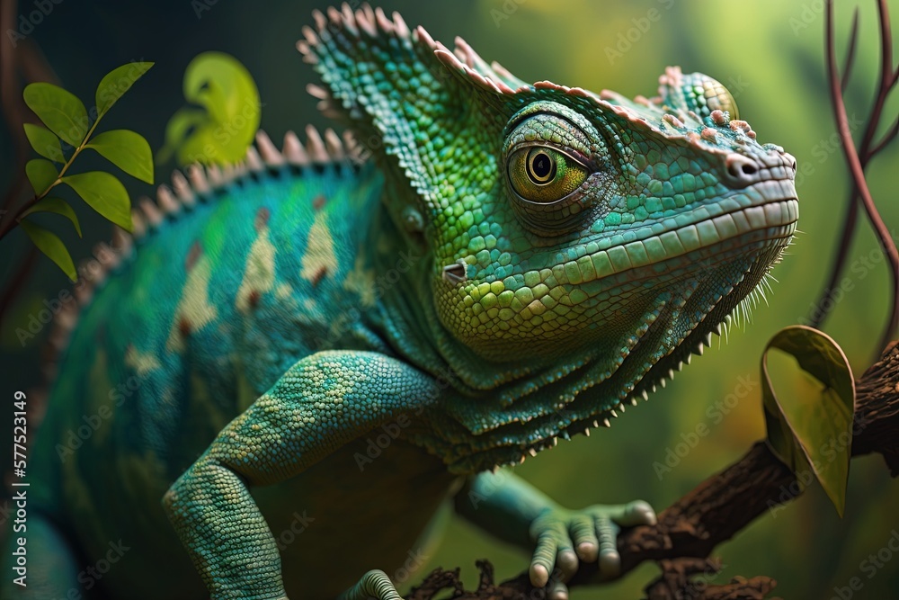 Obraz premium Green colored chameleon close up. Generative AI.