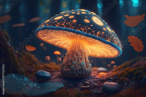 Glowing mushroom in the forest. Generative AI.