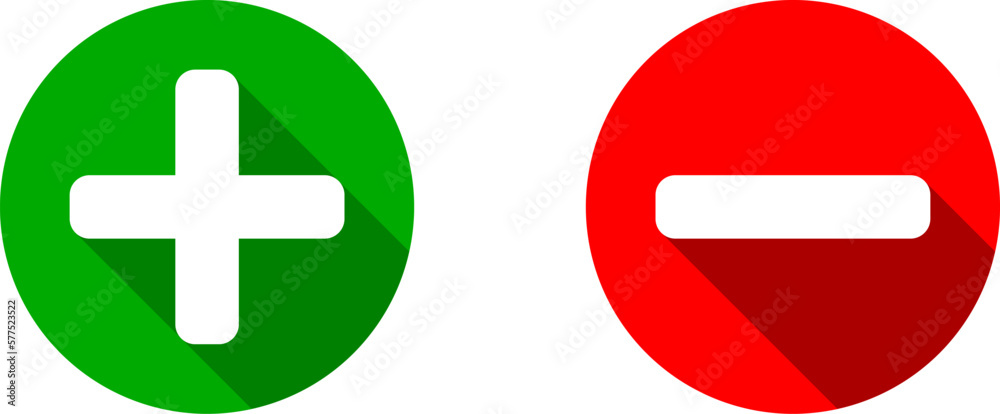 Plus Minus or Positive Negative or Yes and No or Right and Wrong or Approved and Declined Sign Icon Set with 3D Shadow Effect in Green and Red Circles. Vector Image. Plus Minus or Positive Negative or Yes and No or Right and Wrong or Approved and Declined Sign Icon Set with 3D Shadow Effect in Green and Red Circles. Vector Image.