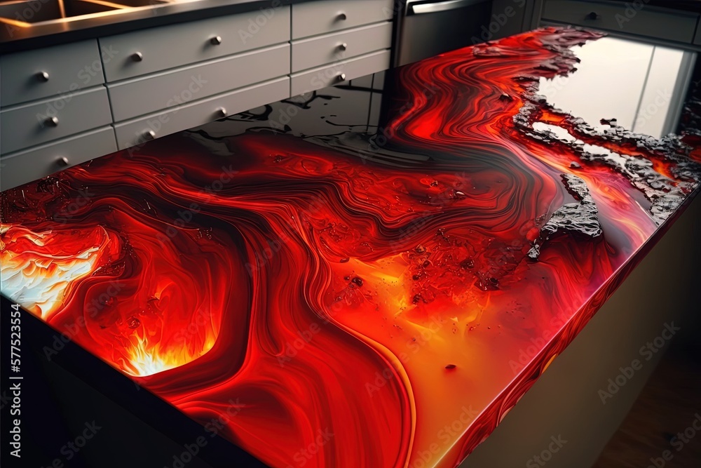 Red epoxy resin kitchen countertops. Generative AI. Stock