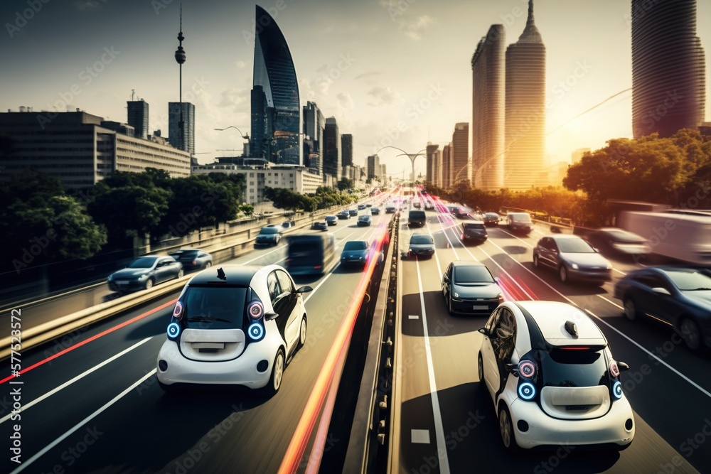 Naklejka premium Smart cars with automatic sensor driving on metropolis with wireless connection. Generative AI.