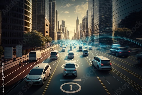 Smart cars with automatic sensor driving on metropolis with wireless connection. Generative AI. © Bargais