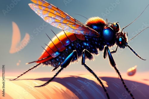Colorful magic mosquito, cartoon style surreal painting. Generative ai art illustration © Aleksandr