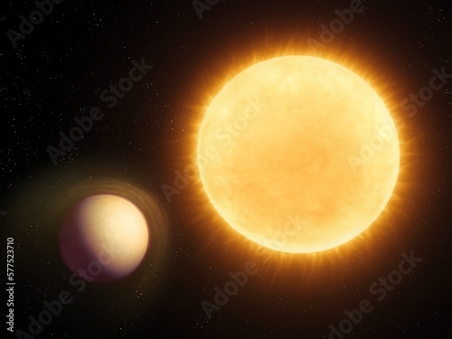 Fototapeta Naklejka Na Ścianę i Meble -  Planet approached its star and warmed up. The gas giant's orbit is too close to the sun. Hot Jupiter loses its atmosphere.