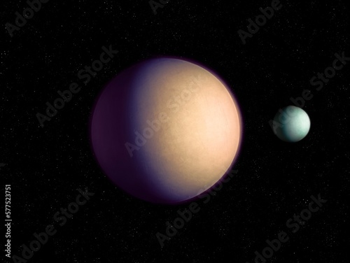 Double planet. A distant exoplanet has a large satellite. Super Earth with moon in space.