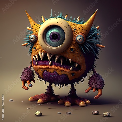 Little creepy gray monster with an open mouth in a cartoon style on a gray background. Three eyes, fantasy creature, teeth, spikes, high resolution, art, generative artificial intelligence