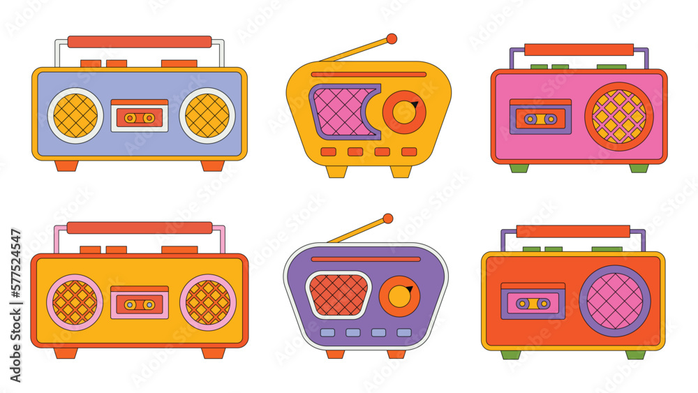 Set of trendy hipster retro music elements. Collection stickers of groovy retrowave clipart. Collage with trend pop vibe with funky design element. background sticker emblem of cartoon vector Set of trendy hipster retro music elements. Collection stickers of groovy retrowave clipart. Collage with trend pop vibe with funky design element. background sticker emblem of cartoon vector