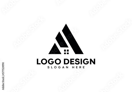 A letter with real state house home logo design on luxury background. A monogram initials letter logo concept. A letter icon design. A elegant and Professional black letter icon on white background.