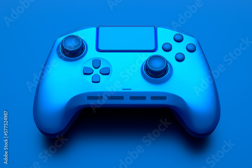 Realistic video game joystick with blue chrome texture isolated on blue