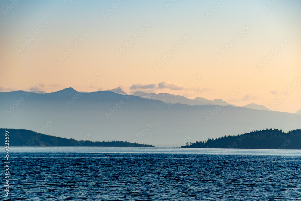 Mountains Silhouetted Along the Strait of Georgia in Vancouver Island, British Columbia, Canada