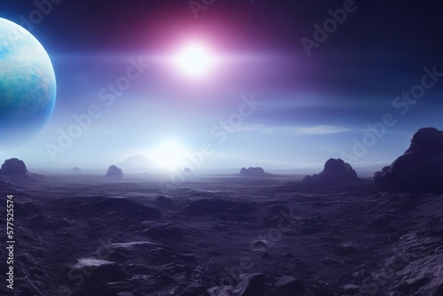 Landscape over an alien planet, created with Generative AI technology