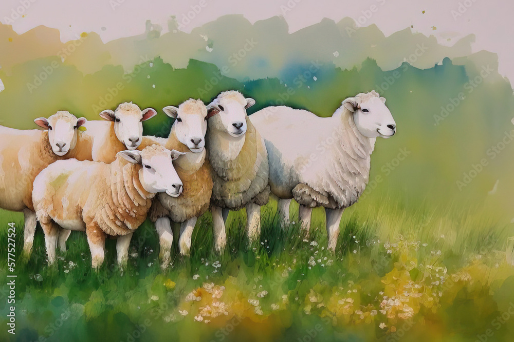 Obraz premium Picturesque portrait of alpine sheep grazing against the backdrop of the mountains. Generative AI.