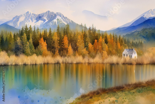 Picturesque watercolor landscape of autumn alpine mountains, forests and lakes. Generative AI.
