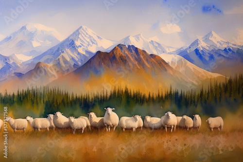 Wallpaper Mural Picturesque portrait of alpine sheep grazing against the backdrop of the mountains. Generative AI. Torontodigital.ca