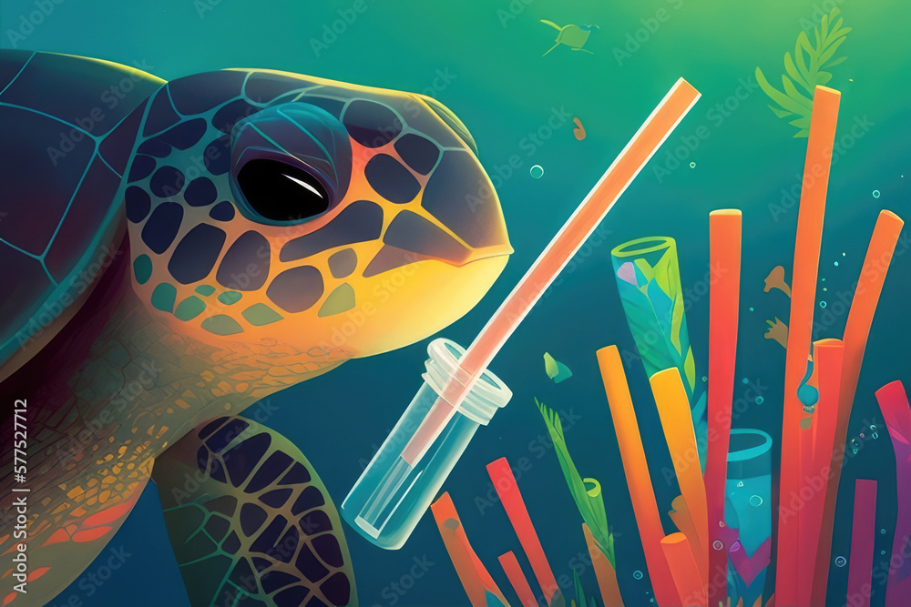 closeup of turtle with plastic straw stuck in its nose It's stark